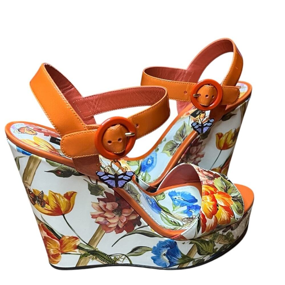 Dolce & Gabbana BIANCA Patent Leather Floral Butterfly Wedge Sandals EU 40 US 10 - Picture 10 of 13